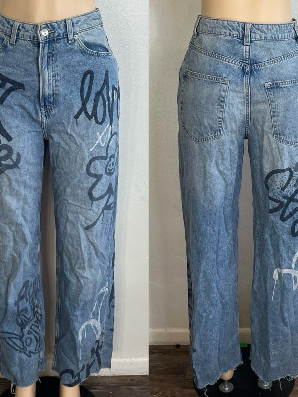 H&M Light Blue Wide-Leg Graffiti Denim Jeans